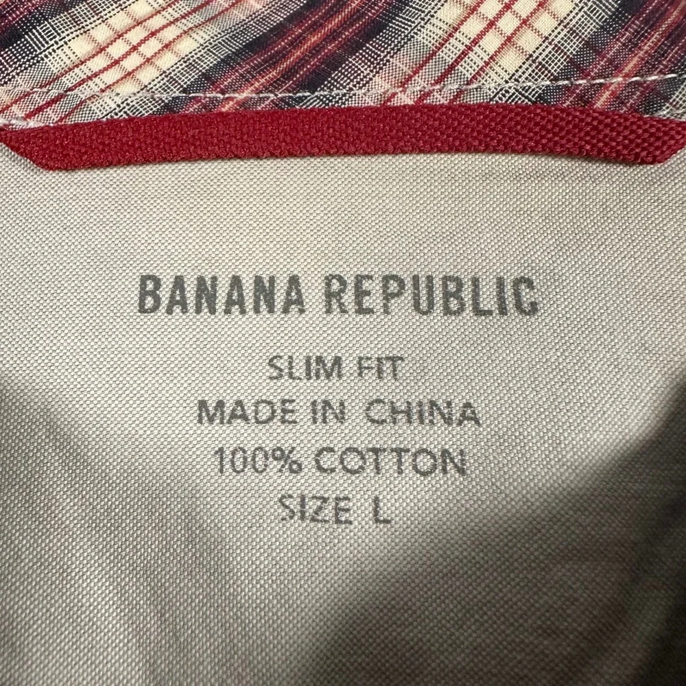 Banana Republic Mens Slim Fit Western Plaid Snap Button Shirt Red Cream Large